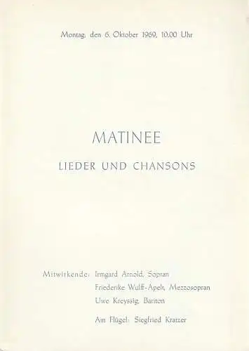 Komische Oper Berlin: Programmheft MATINEE LIEDER UND CHANSONS 6. Oktober 1969 Spielzeit 1969 / 70 (18). 