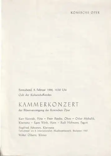 Komische Oper Berlin: Theaterzettel KAMMERKONZERT DER BLÄSERVEREINIGUNG DER KOMISCHEN OPER 5. Februar 1966 Club der Kulturschaffenden Spielzeit 1965 / 66 (18). 