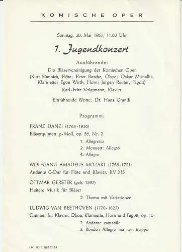 Komische Oper Berlin: Theaterzettel 1. JUGENDKONZERT 28. Mai 1967  Komische Oper Berlin Spielzeit 1966 / 67 (18). 