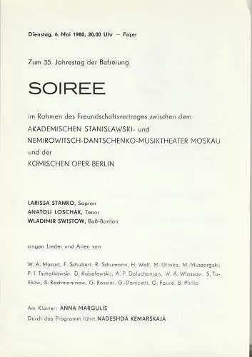Komische Oper Berlin: Theaterzettel SOIREE Zum 35. JAHRESTAG DER BEFREIUNG 6. Mai 1980 Foyer Komische Oper  Spielzeit 1979 / 80 (18). 