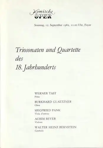 Komische Oper Berlin: Theaterzettel TRIOSONATEN UND QUARTETTE DES 18. JAHRHUNDERTS 12. September 1882 Foyer Komische Oper  Spielzeit 1982 / 83 (18). 