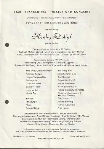 Stadt Frankenthal, Theater und Konzerte, Feierabendhaus Frankenthal: Programmheft Erstaufführung Jerry Herman Hallo, Dolly ! 1. Februar 1973 Feierabendhaus Frankenthal (18). 