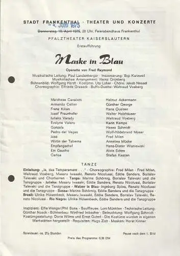 Stadt Frankenthal, Theater und Konzerte, Feierabendhaus Frankenthal: Programmheft Erstaufführung Fred Raymond MASKE IN BLAU 4. Juni 1975 Feierabendhaus Frankenthal (18). 