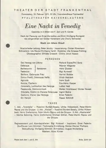 Theater der Stadt Frankenthal, Feierabendhaus: Programmheft Johann Strauß EINE NACHT IN VENEDIG 26. Februar 1970 Feierabendhaus Frankenthal (18). 