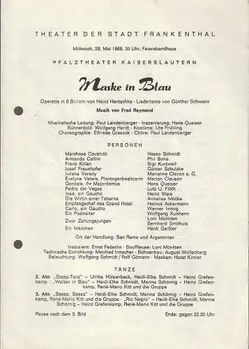 Theater der Stadt Frankenthal, Feierabendhaus: Programmheft Fred Raymond MASKE IN BLAU 29. Mai 1968 Feierabendhaus Frankenthal (18). 