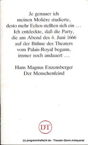 Deutsches Theater in Göttingen, Heinz Engels: Programmheft Moliere Der Menschenfeind. Blätter des Deutschen Theaters in Göttingen Spielzeit 1987/88 XXXVIII. Jahr Heft 574. 