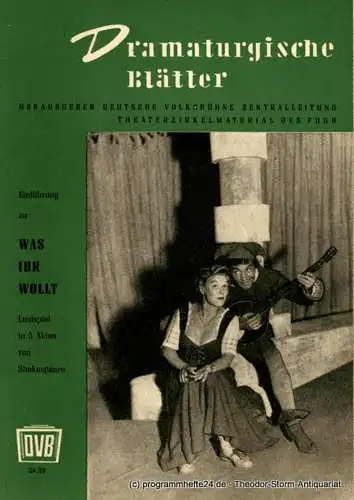 Deutsche Volksbühne Zentralleitung, Ferdinand May: Deutsche Volksbühne Dramaturgische Blätter. Einführung zu Was ihr wollt 1952. 