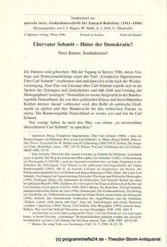 Römer Peter: Übervater Schmitt - Hüter der Demokratie ? Peter Römer. 