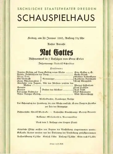 Sächsische Staatstheater Dresden, Schauspielhaus: Programmheft Not Gottes. Bühnenwerk von Otto Erler. 29. Januar 1943. 