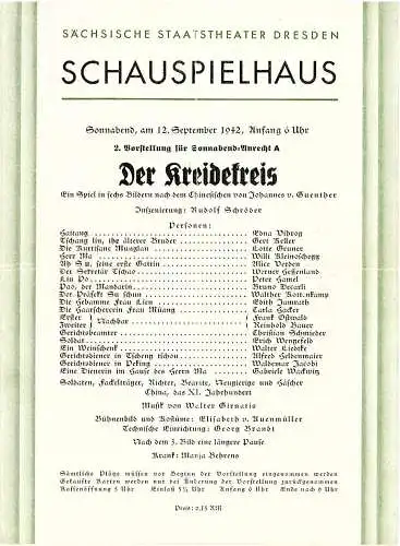 Sächsische Staatstheater Dresden, Schauspielhaus: Programmheft Der Kreidekreis. 12. September 1942. 