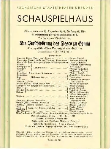 Sächsische Staatstheater Dresden, Schauspielhaus: Programmheft Die Verschwörung des Fiesco zu Genua. Ein republikanisches Trauerspiel von Schiller. 13. Dezember 1941. 