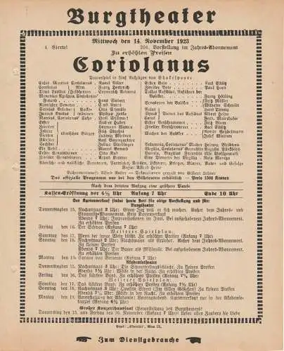 Burgtheater Wien: Theaterzettel Shakespeare CORIOLANUS 14. November 1923 Burgtheater Wien. 