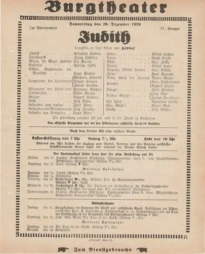 Burgtheater Wien: Theaterzettel Hebbel JUDITH 20. Dezember 1928 Burgtheater Wien. 