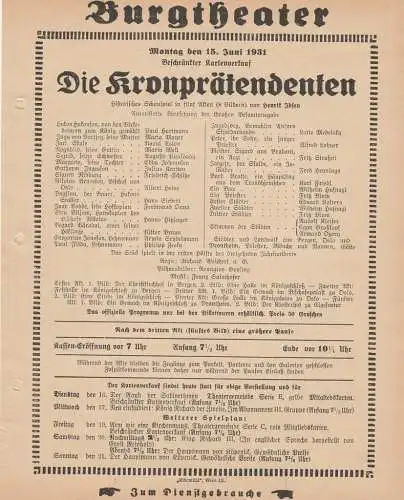 Burgtheater Wien: Theaterzettel Henrik Ibsen DIE KRONPRÄTENDENTEN 15. Juni 1931 Burgtheater Wien. 