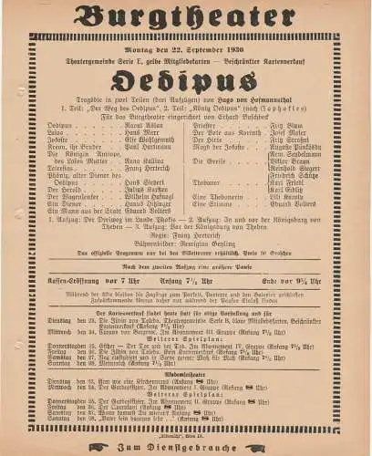 Burgtheater Wien: Theaterzettel Hugo von Hofmannsthal OEDIPUS 22. September 1930 Burgtheater Wien. 