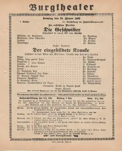 Burgtheater Wien: Theaterzettel Goethe DIE GESCHWISTER / Moliere DER EINGEBILDETE KRANKE 29. Jänner 1922 Burgtheater Wien. 