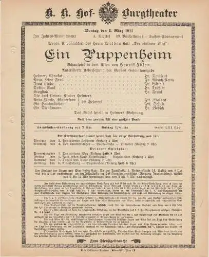 k. k. Hof - Burgtheater Wien: Theaterzettel Henrik Ibsen EIN PUPPENHEIM 2. März 1914 k. k. Hof - Burgtheater Wien. 