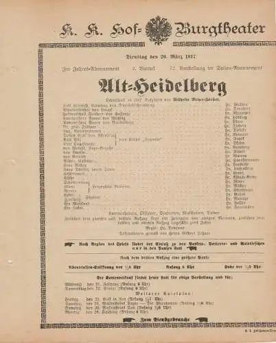 k. k. Hof = Burgtheater Wien: Theaterzettel Wilhelm Meyer-Förster ALT=HEIDELBERG k. k. Hof = Burgtheater 1917. 