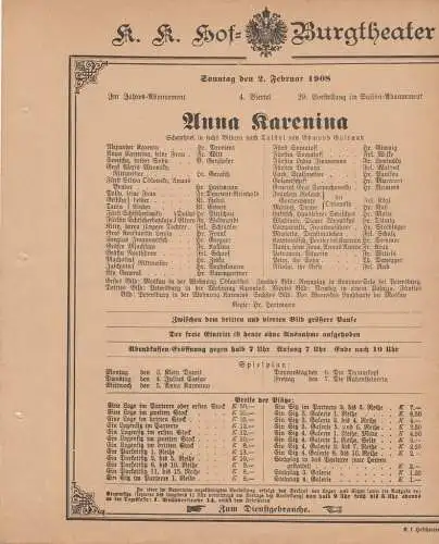 k. k. Hof = Burgtheater Wien: Theaterzettel Edmond Guirand ANNA KARENINA 2. Februar 1908 k. k. Hof = Burgtheater Wien. 