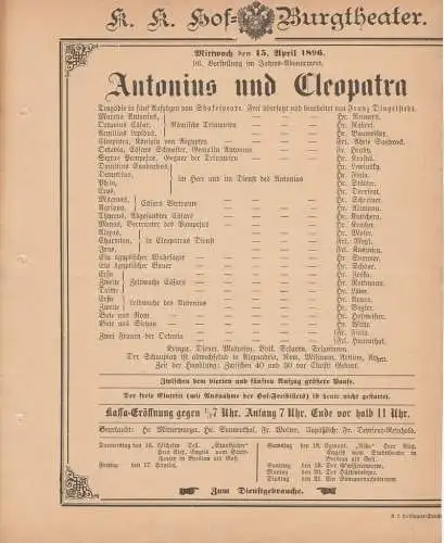 k. k. Hof = Burgtheater Wien: Theaterzettel Shakespeare ANTONIUS UND CLEOPATRA 15. April 1896 k. k. Hof = Burgtheater Wien. 