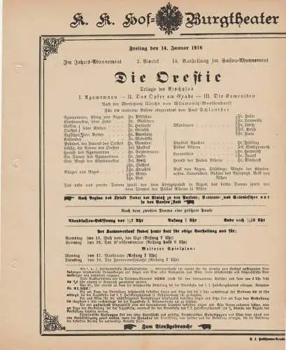 k. k. Hof = Burgtheater Wien: Theaterzettel DIE ORESTIE Trilogie des Aischylos 14. Januar 1916 k. k. Hof = Burgtheater Wien. 