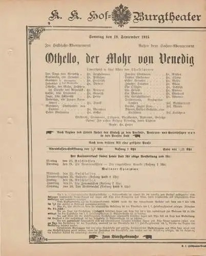 k. k. Hof = Burgtheater Wien: Theaterzettel Shakespeare OTHELLO, DER MOHR VON VENEDIG 19. September 1915 k. k. Hof = Burgtheater Wien. 