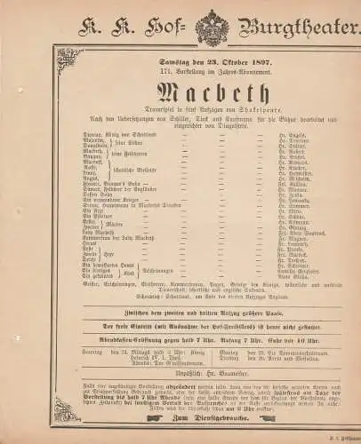 k. k. Hof = Burgtheater Wien: Theaterzettel Shakespeare MACBETH 23. Oktober 1897 k. k. Hof = Burgtheater Wien. 