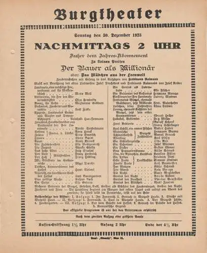 Burgtheater Wien: Theaterzettel Ferdinand Raimund DER BAUER ALS MILLIONÄR 30. Dezember 1923. 
