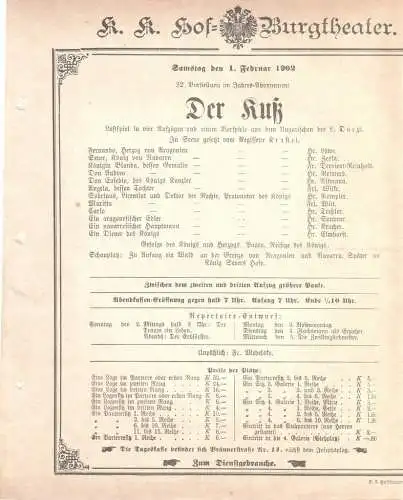 k. k. Hof = Burgtheater Wien: Theaterzettel L. Doczi DER Kuß 1. Februar 1902. 