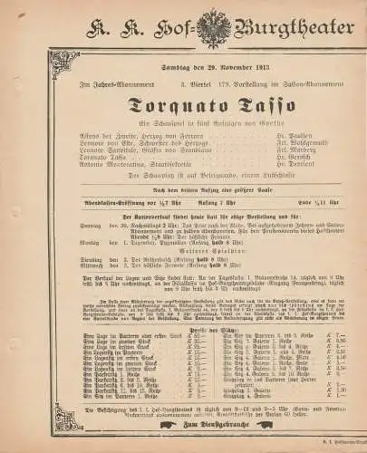 k. k. Hof = Burgtheater Wien: Theaterzettel Goethe TORQUATO TASSO 29. November 1913. 