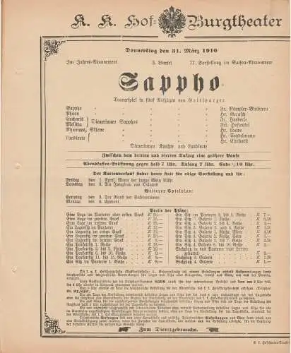 k. k. Hof = Burgtheater Wien: Theaterzettel Grillparzer SAPPHO 31. März 1910. 