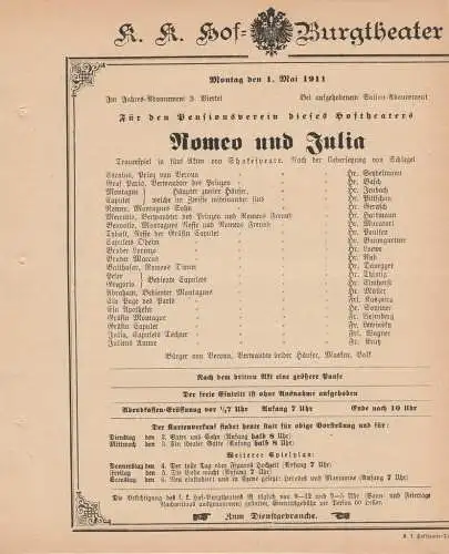 k. k. Hof = Burgtheater Wien: Theaterzettel Shakespeare ROMEO UND JULIA 1. Mai 1911. 