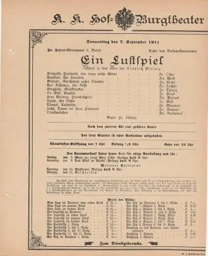 k. k. Hof = Burgtheater Wien: Theaterzettel Roderich Benedix EIN LUSTSPIEL 7. September 1911. 