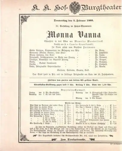k. k. Hof = Burgtheater Wien: Theaterzettel Maurice Maeterlinck MONNA VANNA 5. Februar 1903. 