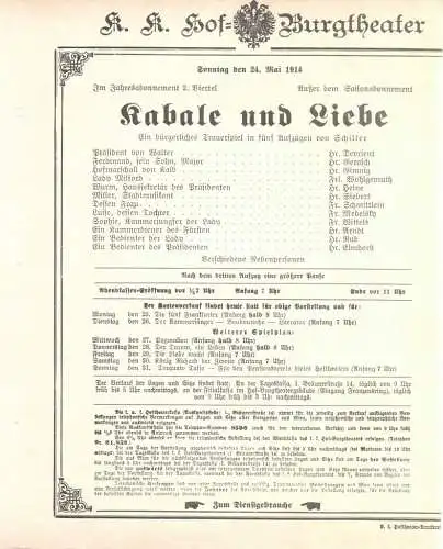 k. k. Hof = Burgtheater Wien: Theaterzettel Schiller KABALE UND LIEBE 24. Mai 1914. 