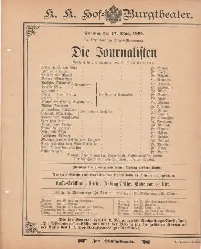 k. k. Hof = Burgtheater Wien: Theaterzettel Gustav Freytag DIE JOURNALISTEN k. k. Hof = Burgtheater Wien 1895. 