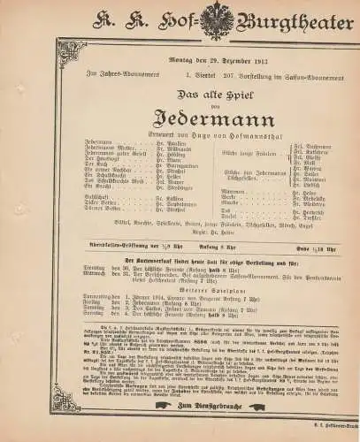 k. k. Hof = Burgtheater Wien: Theaterzettel Hugo von Hofmannsthal DAS ALTE SPIEL VON JEDERMANN 29. Dezember 1913. 