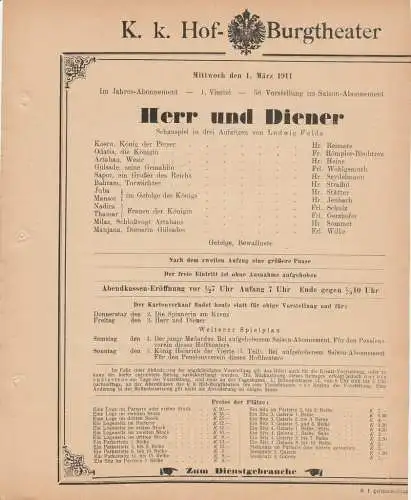 k. k. Hof = Burgtheater Wien: Theaterzettel Ludwig Fulda HERR UND DIENER 1. März 1911. 