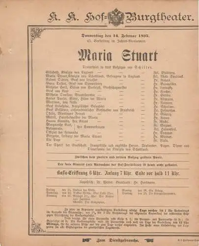 k. k. Hof = Burgtheater Wien: Theaterzettel Schiller MARIA STUART 14. Februar 1895. 