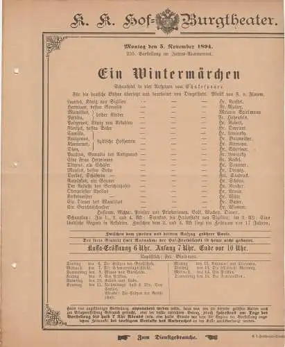 k. k. Hof = Burgtheater Wien: Theaterzettel Shakespeare EIN WINTERMÄRCHEN 5. November 1894. 