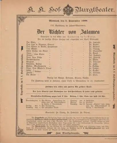 k. k. Hof = Burgtheater Wien: Theaterzettel Calderon de la Barca DER RICHTER VON ZALAMEA 5. September 1900. 