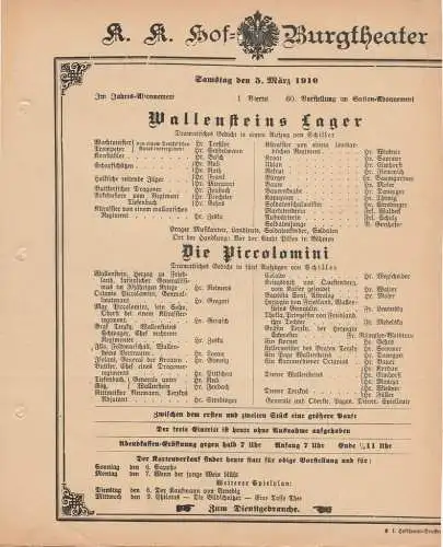 k. k. Hof = Burgtheater Wien: Theaterzettel Schiller WALLENSTEINS LAGER / DIE PICCOLOMINI 5. März 1910. 