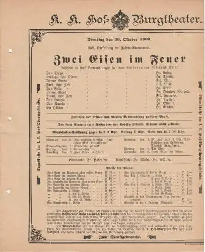 k. k. Hof = Burgtheater Wien: Theaterzettel Friedrich Adler ZWEI EISEN IM FEUER 30. Oktober 1900. 