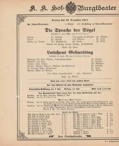k. k. Hof = Burgtheater Wien: Theaterzettel Adolf Paul / Ludwig Thoma DIE SPRACHE DER VÖGEL / LOTTCHENS GEBURTSTAG 22. Dezember 1911. 