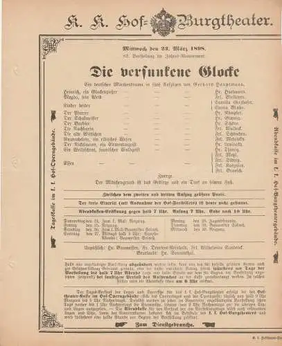 k. k. Hof = Burgtheater Wien: Theaterzettel Gerhard Hauptmann ( Gerhart ) DIE VERSUNKENE GLOCKE 23. März 1898. 