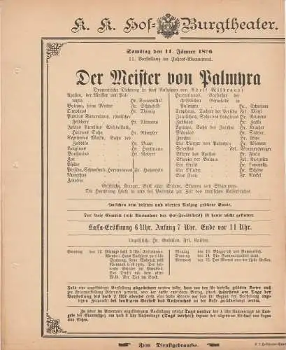 k. k. Hof = Burgtheater Wien: Theaterzettel Adolf Wilbrandt DER MEISTER VON PALMYRA 11. Jänner 1896. 