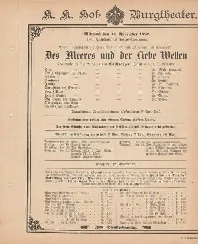 k. k. Hof = Burgtheater Wien: Theaterzettel Grillparzer DES MEERES UND DER LIEBE WELLEN 17. Noember 1897. 