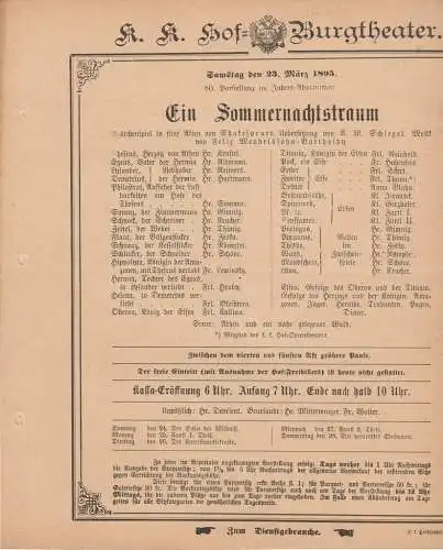 k. k. Hof = Burgtheater Wien: Theaterzettel Shakespeare EIN SOMMERNACHTSTRAUM 23. März 1895. 