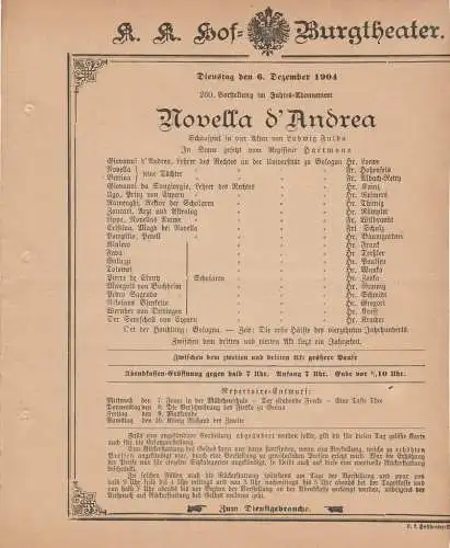 k. k. Hof = Burgtheater Wien: Theaterzettel Ludwig Fulda NOVELLA D'ANDREA 6. Dezember 1904. 