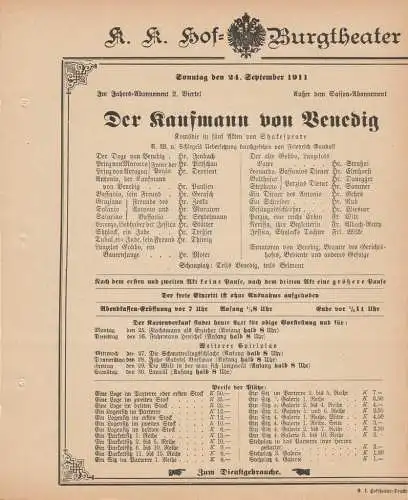 k. k. Hof = Burgtheater Wien: Theaterzettel Shakespeare DER KAUFMANN VON VENEDIG 24. September 1911. 